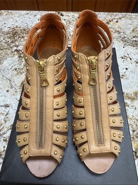 BCBGMaxAzria Tan Gladiator Stud Zip Sandals